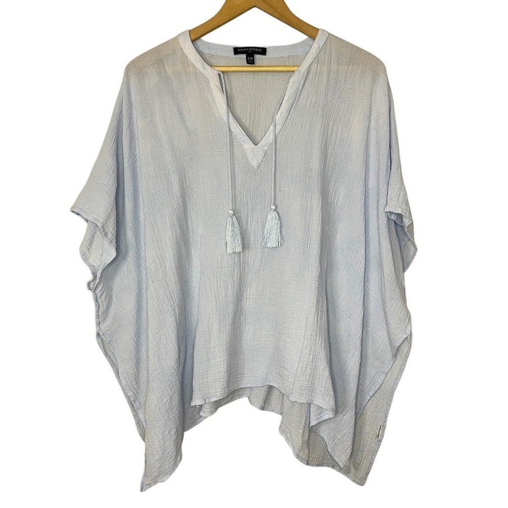 BANANA REPUBLIC Light Blue Gauzy Cotton Poncho Style‎ Tasseled Top, O/S